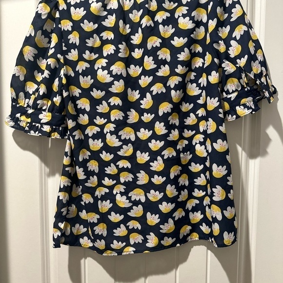 Jade By Melody yellow navy Puff Sleeve blouse summer spring shirt size medium‎ - Picture 6 of 8